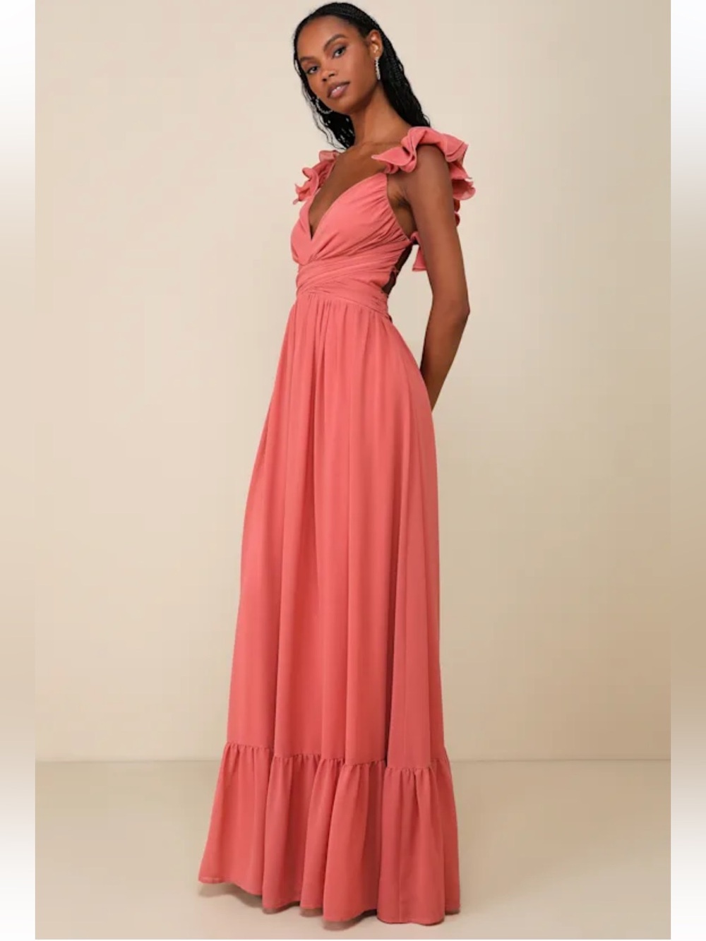 Lulu’s Lulus Soiree Celebration Rusty Rose Ruffled Lace-Up Maxi Dress
